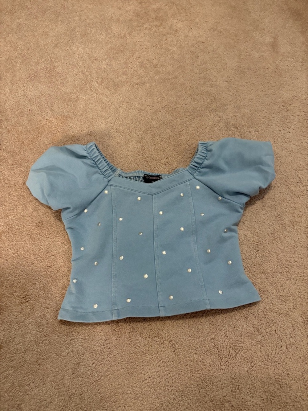 Xhilaration Light Blue Pearl-Studded Puff Sleeve Crop Top